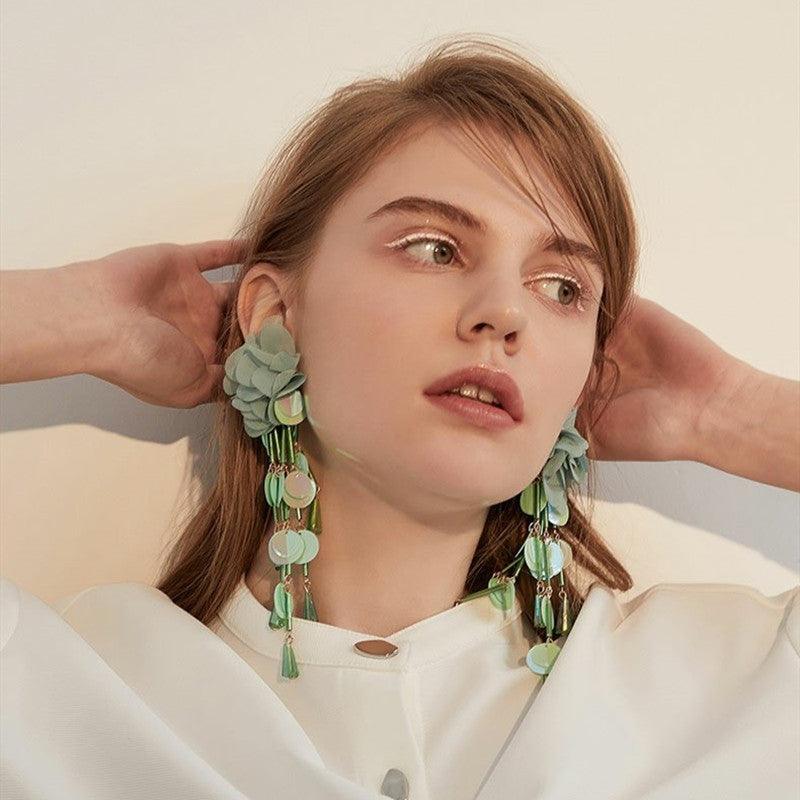 Women's Exaggerated Flower Tassel Earrings Long Sequins - Trendha