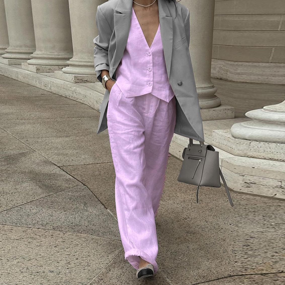 Women's Fashion Casual Cotton And Linen Sleeveless Vest Waistcoat Trousers Two-piece Set - Trendha