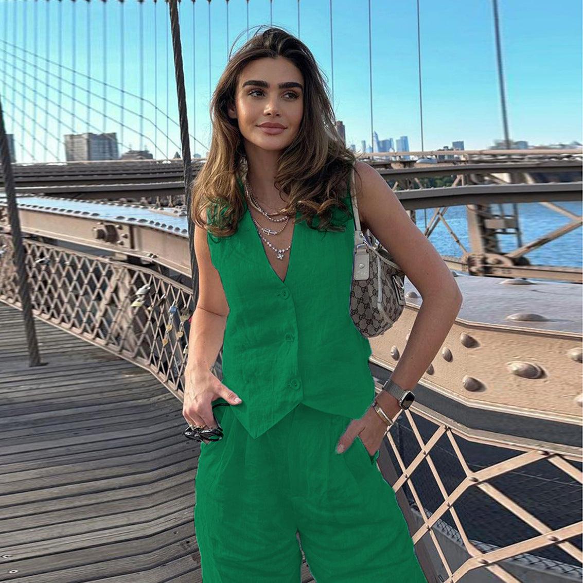 Women's Fashion Casual Cotton And Linen Sleeveless Vest Waistcoat Trousers Two-piece Set - Trendha