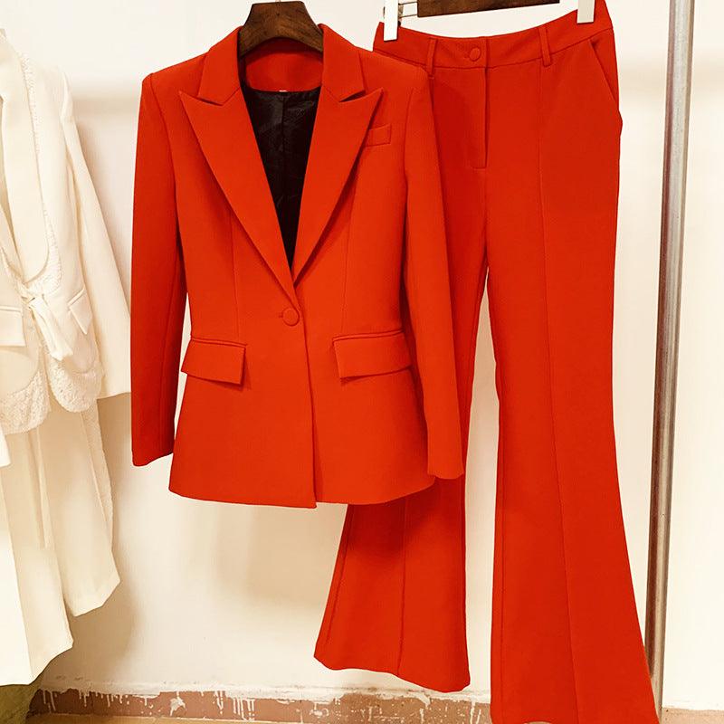 Women's Fashion One Button Cloth Cover Mid-length Suit Bell-bottom Pants Suit - Trendha