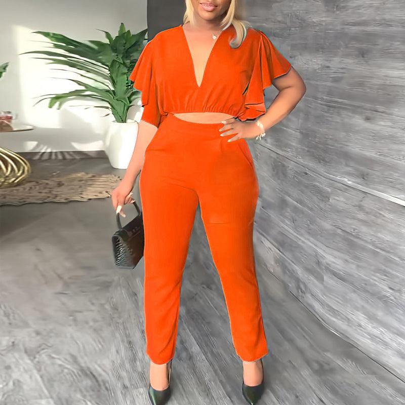 Women's Fashion Sexy Deep V Midriff-baring Top Straight-leg Trousers Casual Two-piece Suit - Trendha