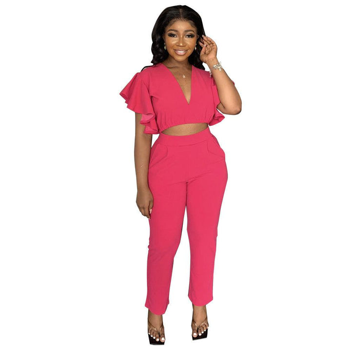 Women's Fashion Sexy Deep V Midriff-baring Top Straight-leg Trousers Casual Two-piece Suit - Trendha