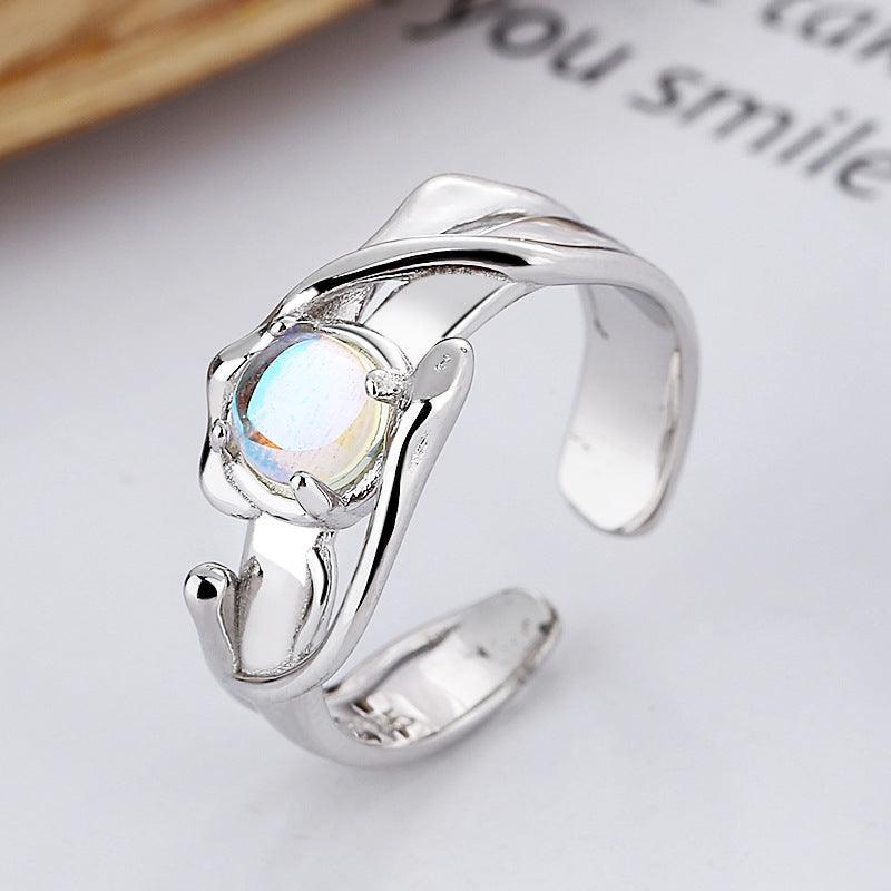 Women's Fashion Simple Sterling Silver Blue Moonstone Irregular Ring - Trendha