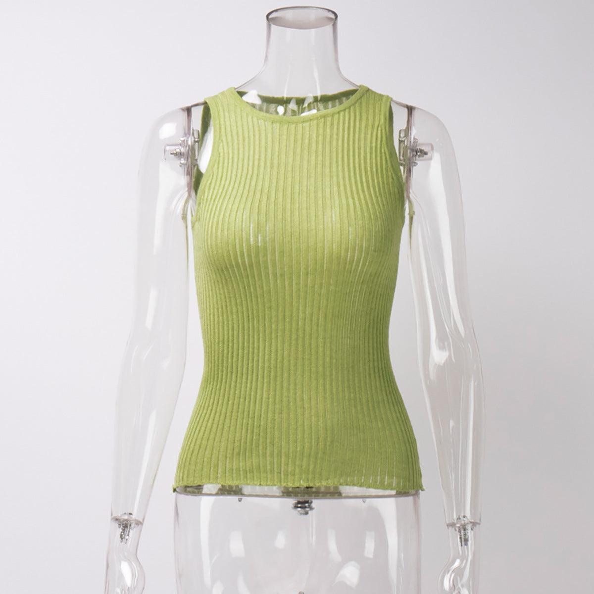 Women's Fashion Solid Color Rib Fabric Hollow Vest Slim Sleeveless Knitted Top - Trendha