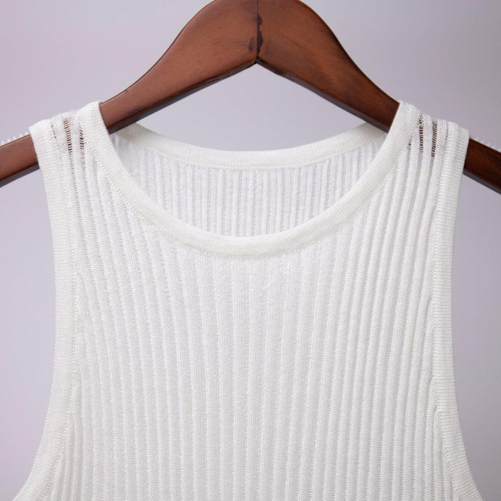 Women's Fashion Solid Color Rib Fabric Hollow Vest Slim Sleeveless Knitted Top - Trendha