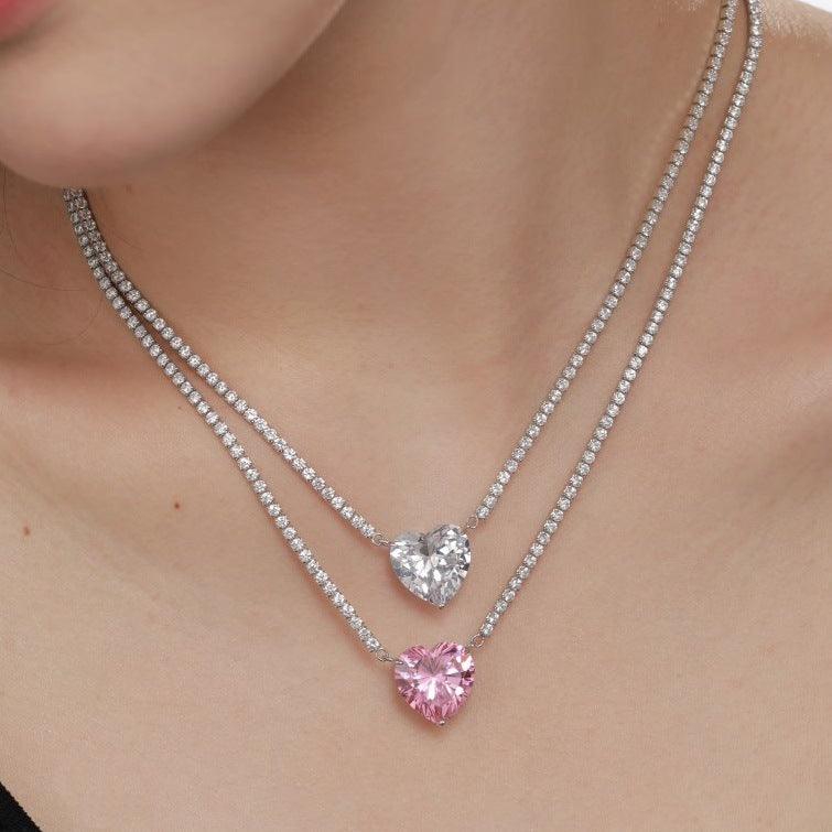 Women's Fashion Sterling Silver Peach Heart Pendant Necklace With Diamonds - Trendha