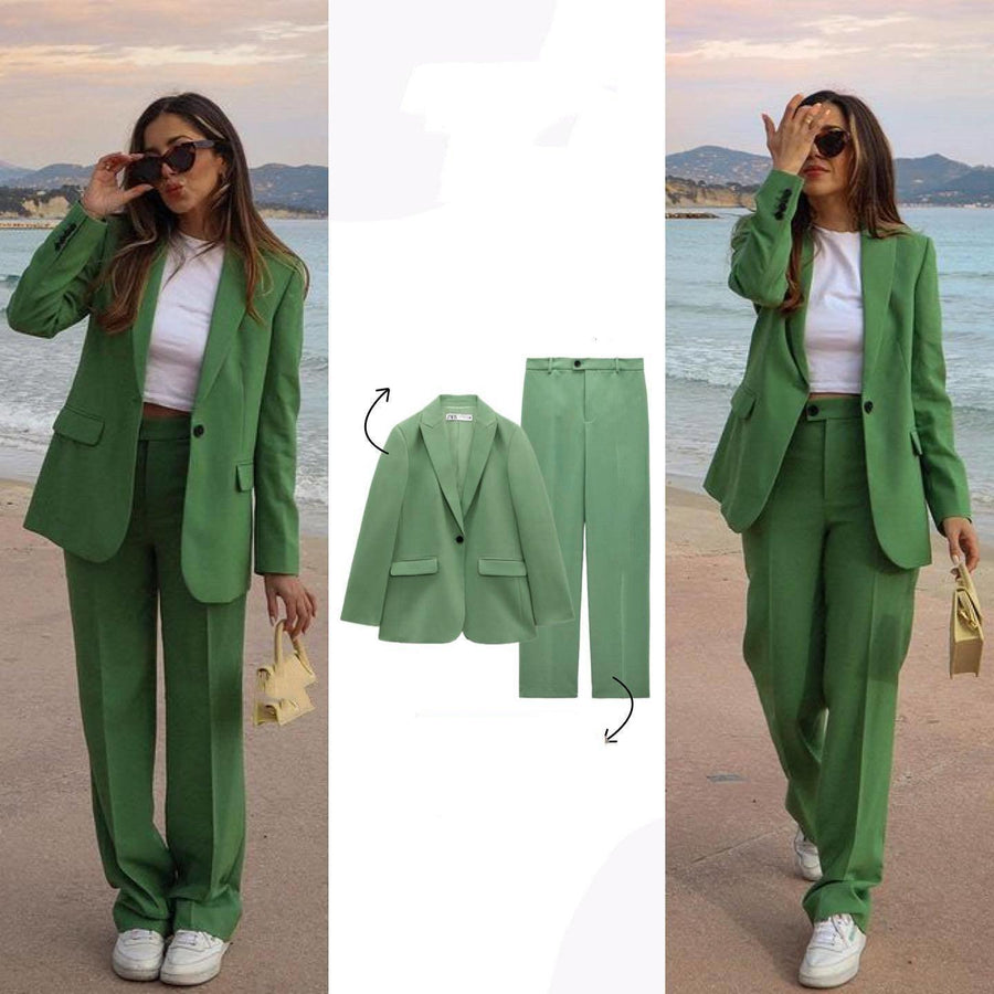 Women's Fashionable Simple Suit Jacket High Waist Baggy Straight Trousers Suit - Trendha