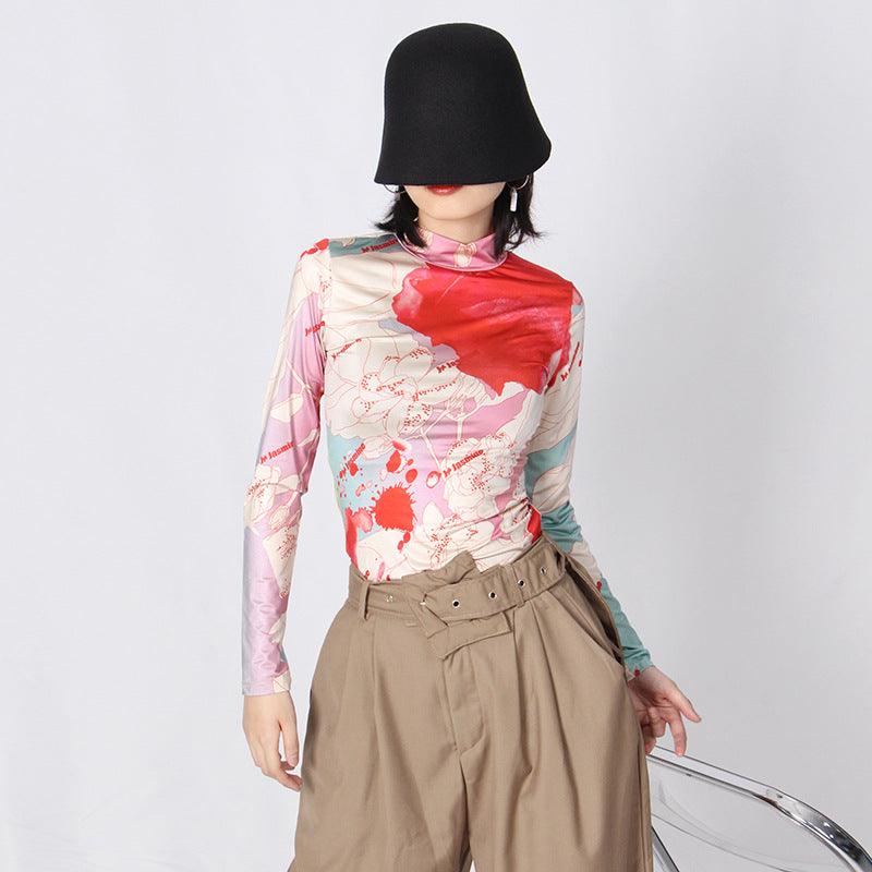 Women's Fashionable Vintage Printed Turtleneck Long Sleeve Slim Bottoming Shirt - Trendha