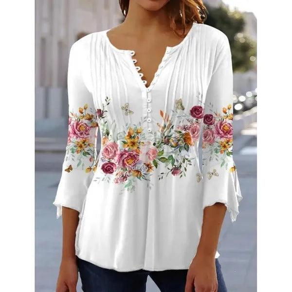 Women's Floral Printed V-neck Short Sleeve Button T-shirt - Trendha