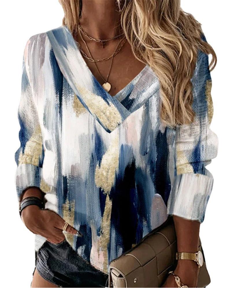 Women's Geometric Floral V-neck Long Sleeve Loose Sweater - Trendha