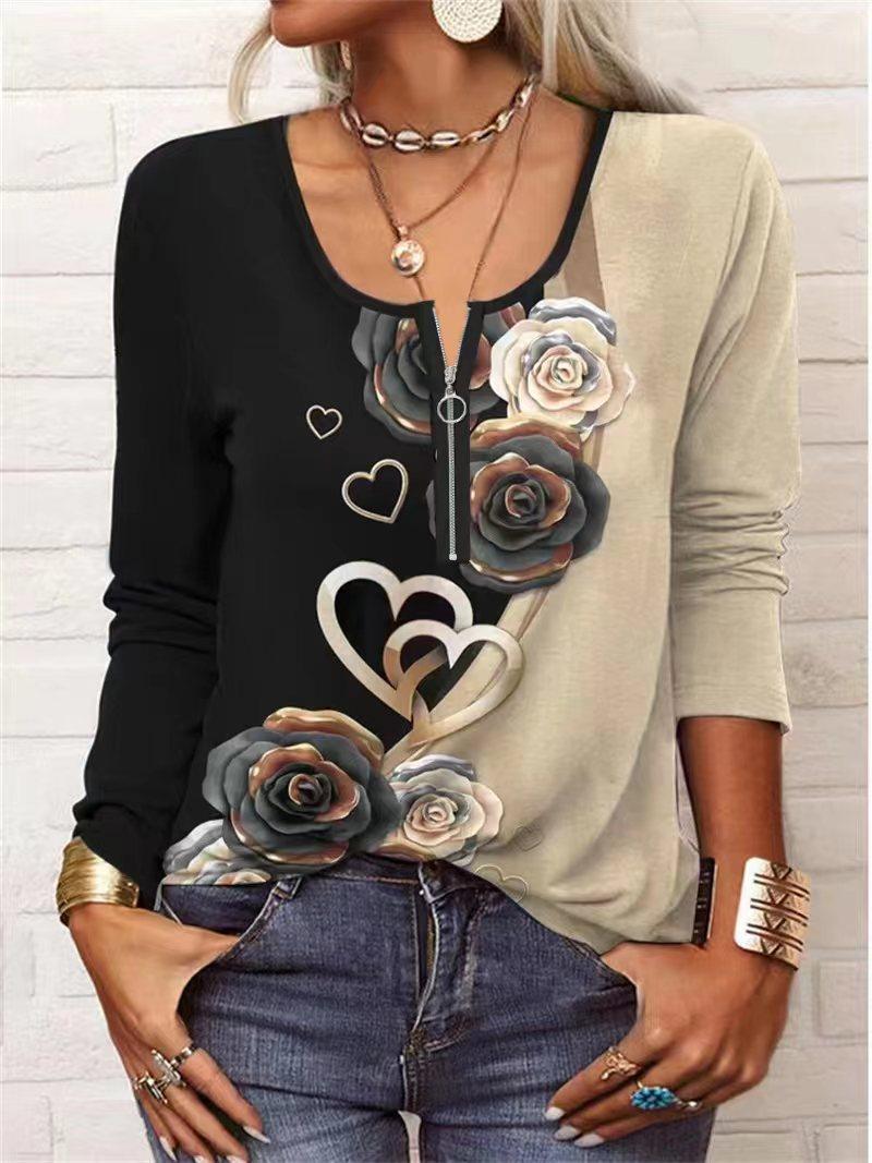 Women's Graceful And Fashionable Long Sleeve Zip Ethnic T-shirt - Trendha