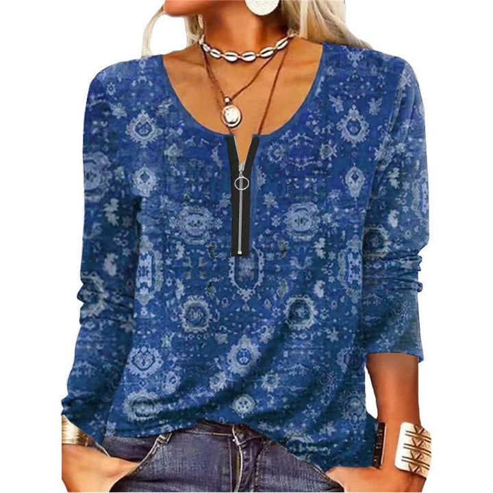 Women's Graceful And Fashionable Long Sleeve Zip Ethnic T-shirt - Trendha