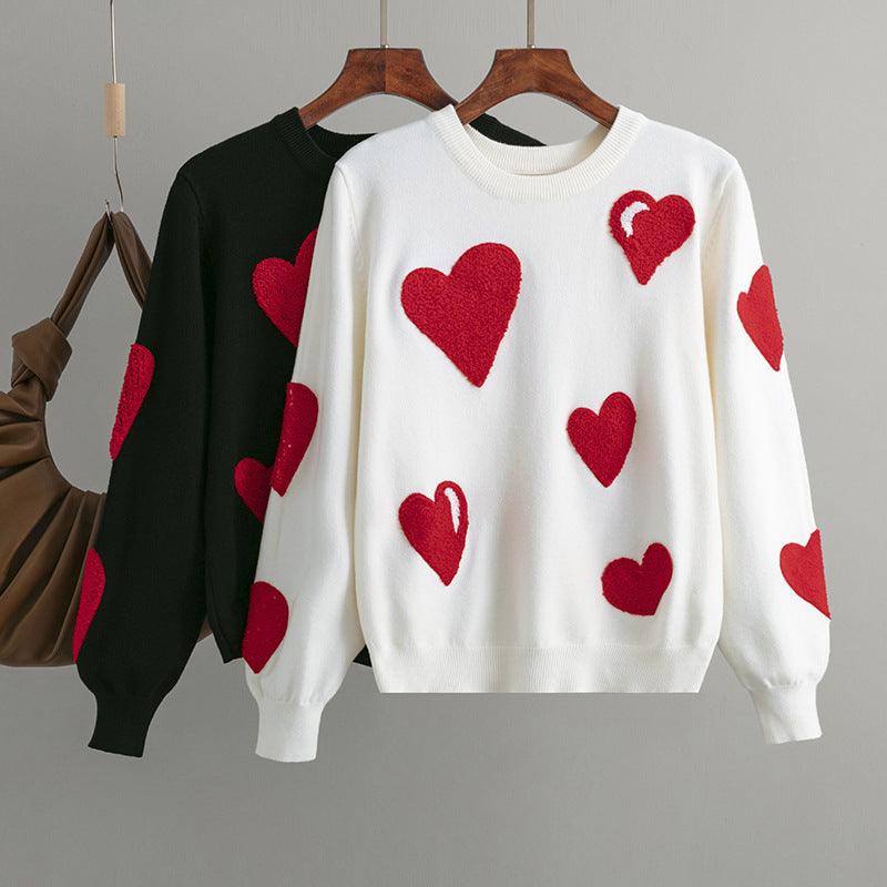 Women's Graceful And Fashionable Love Flocking Pullover Soft Glutinous Sweater Top - Trendha