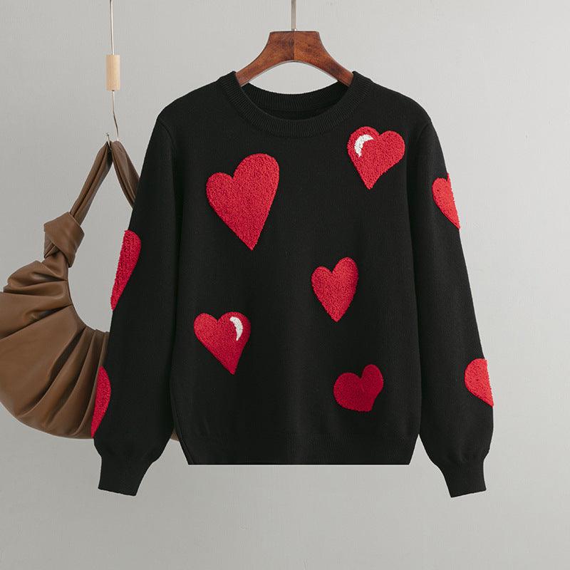 Women's Graceful And Fashionable Love Flocking Pullover Soft Glutinous Sweater Top - Trendha