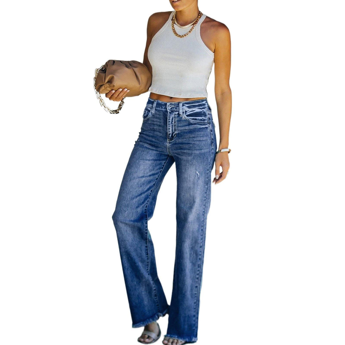 Women's Hipster Straight Leg Trousers Washing Water Waist - Trendha