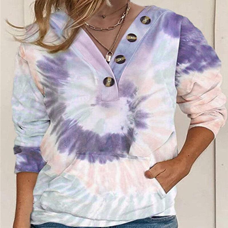 Women's Loose Tie-dyed Printed Button Long-sleeved Sweater - Trendha