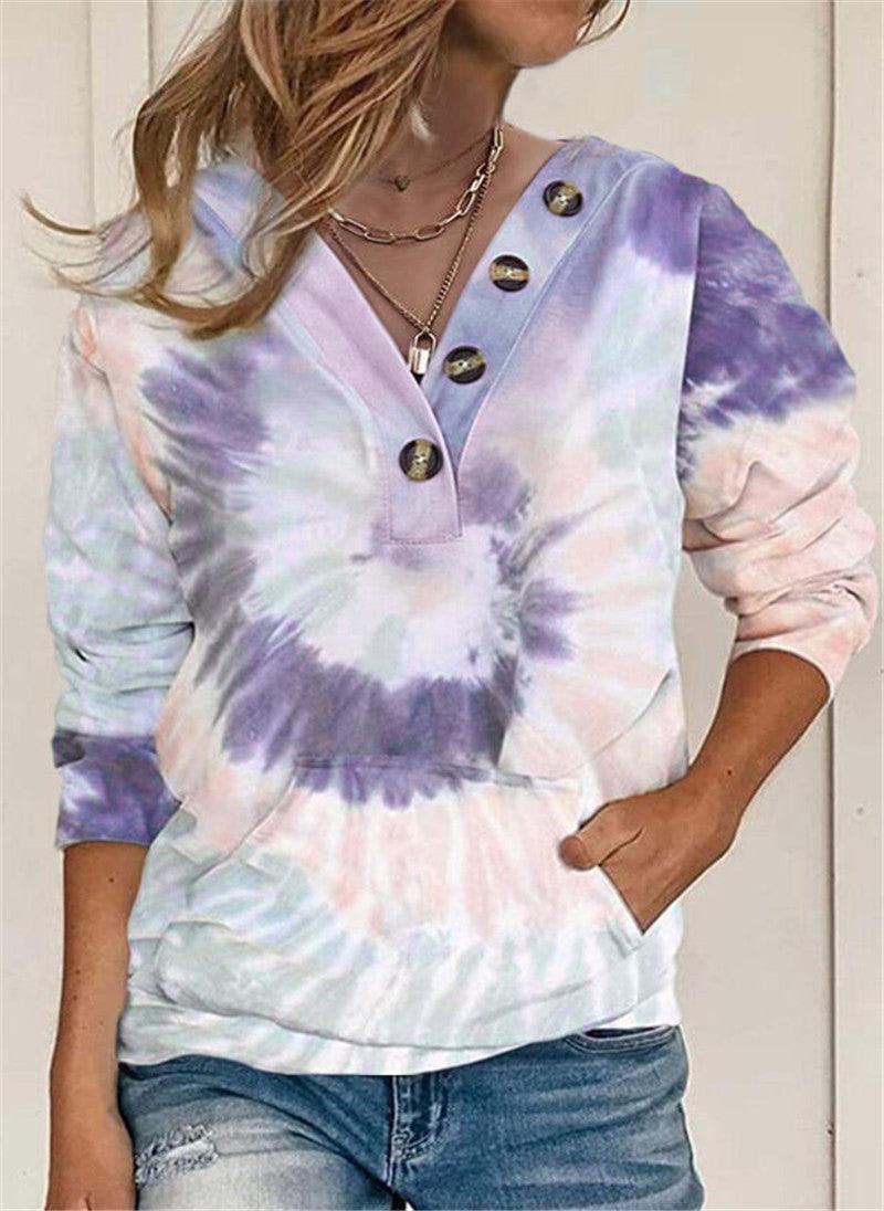 Women's Loose Tie-dyed Printed Button Long-sleeved Sweater - Trendha