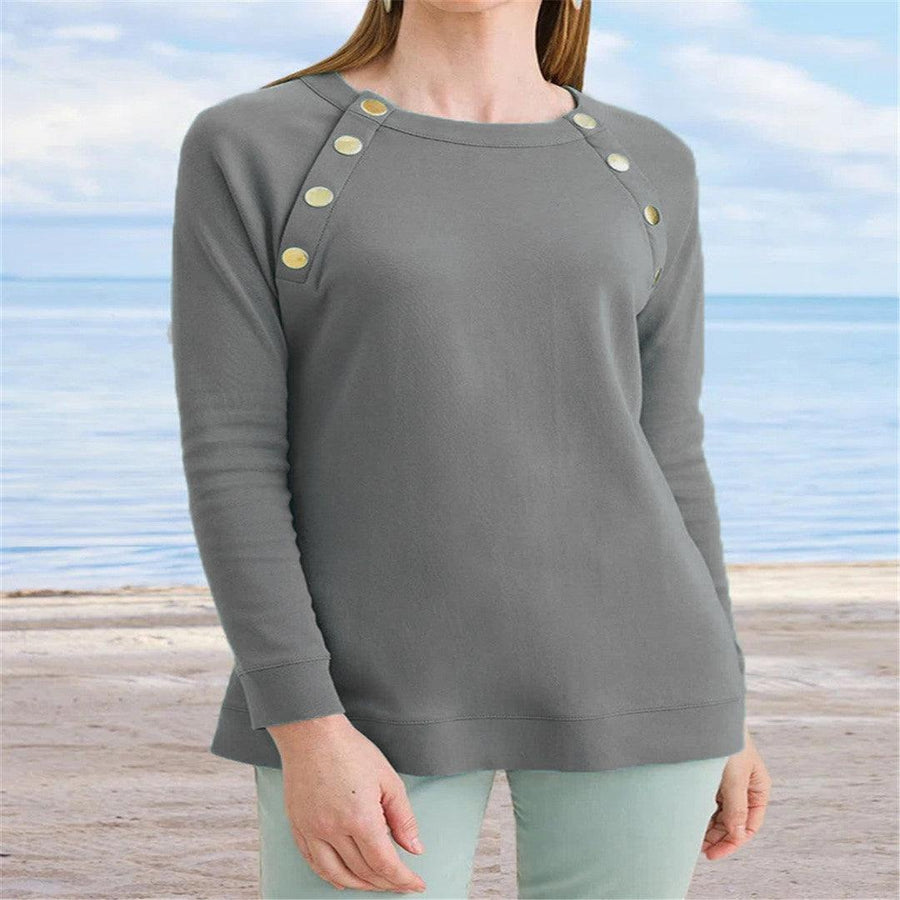 Women's New Metal Button Round Neck Plain Casual Long-sleeved Sweater - Trendha
