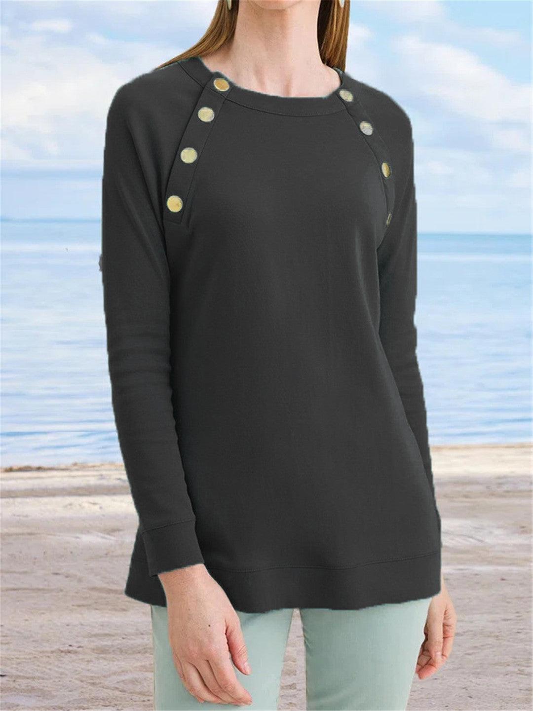 Women's New Metal Button Round Neck Plain Casual Long-sleeved Sweater - Trendha