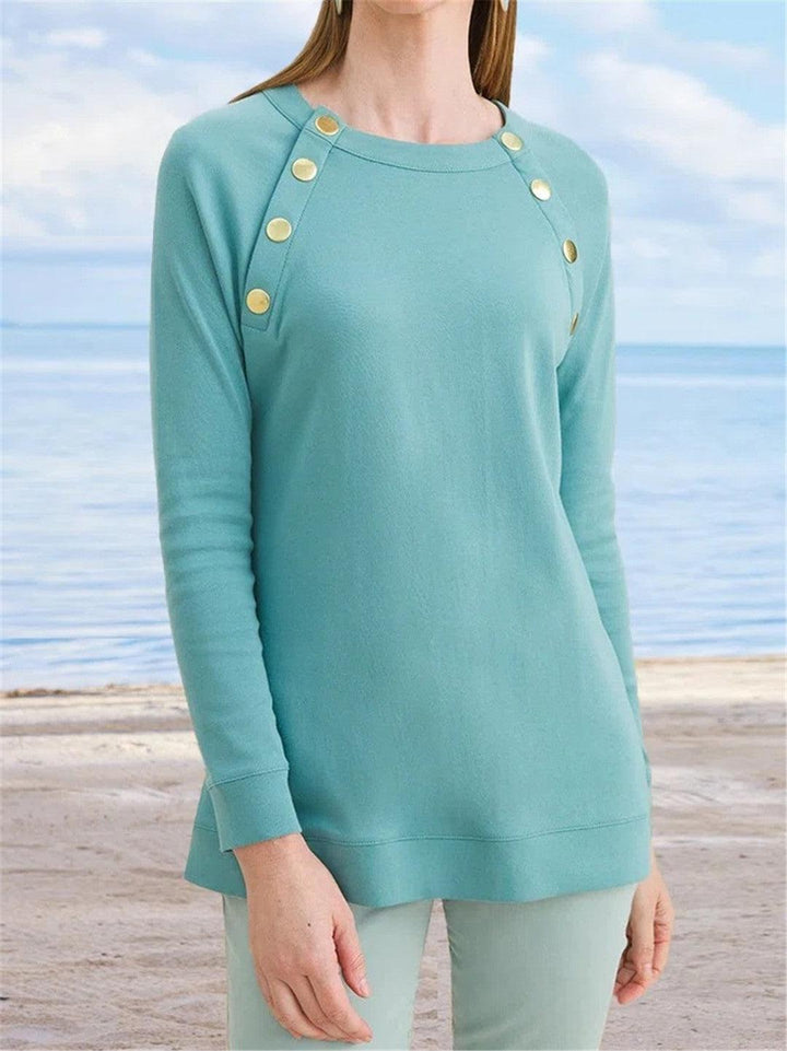 Women's New Metal Button Round Neck Plain Casual Long-sleeved Sweater - Trendha