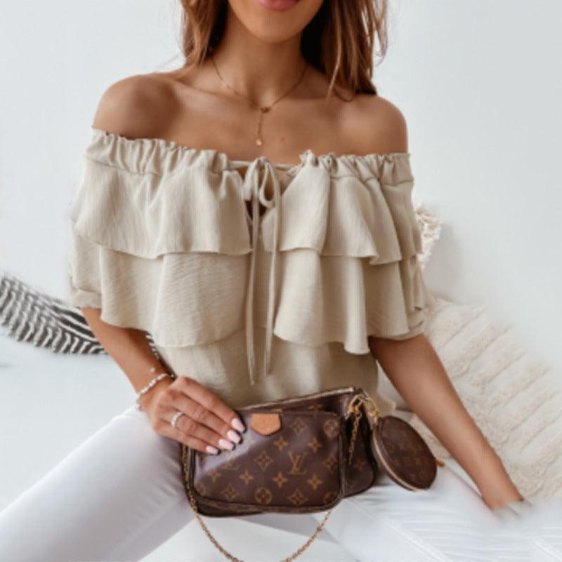 Women's Off-neck Pullover Chiffon Tied Lotus Leaf Short Sleeve - Trendha