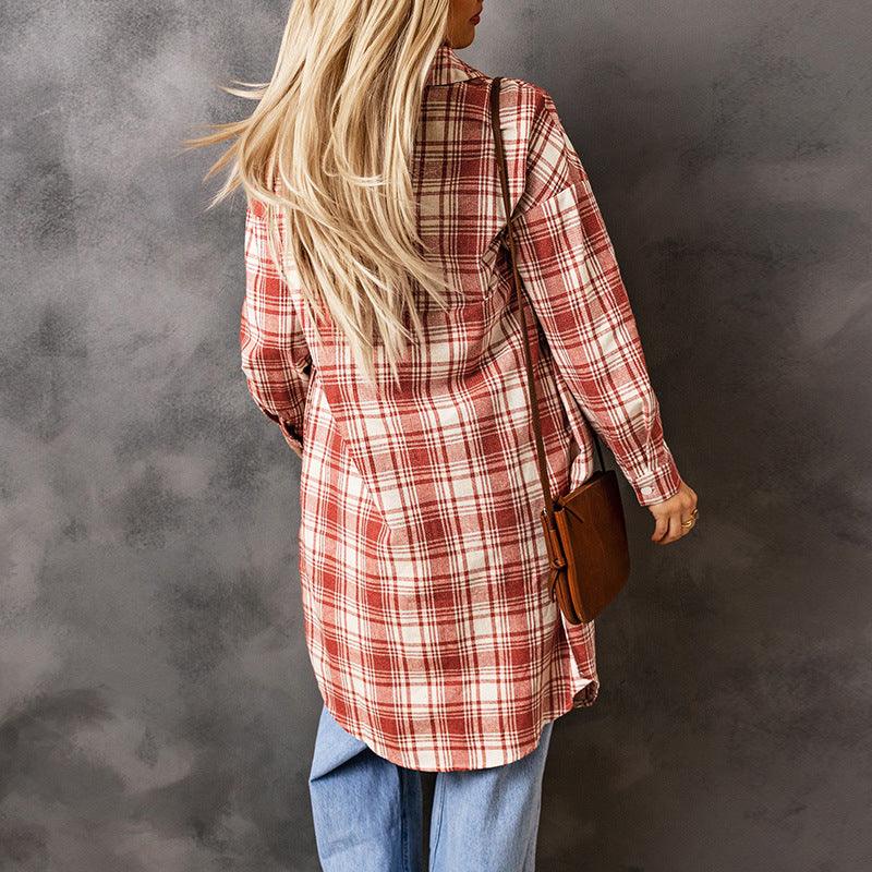 Women's Printed Checks Mid-length Shirt Coat - Trendha