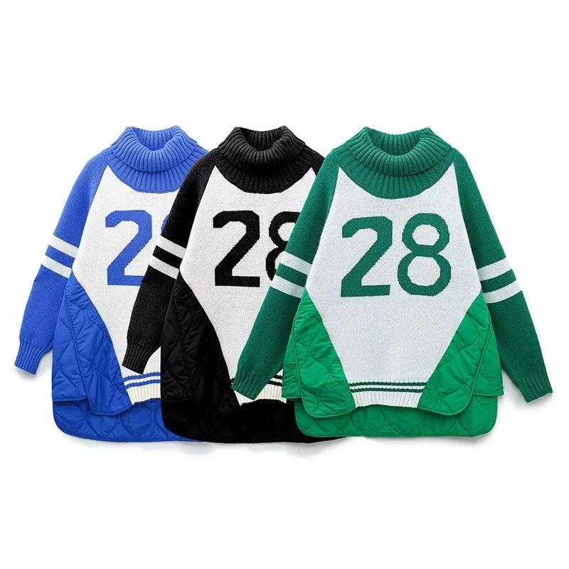 Women's Quilted Baseball Uniform Turtleneck Sweater Loose Idle Style Thermal - Trendha