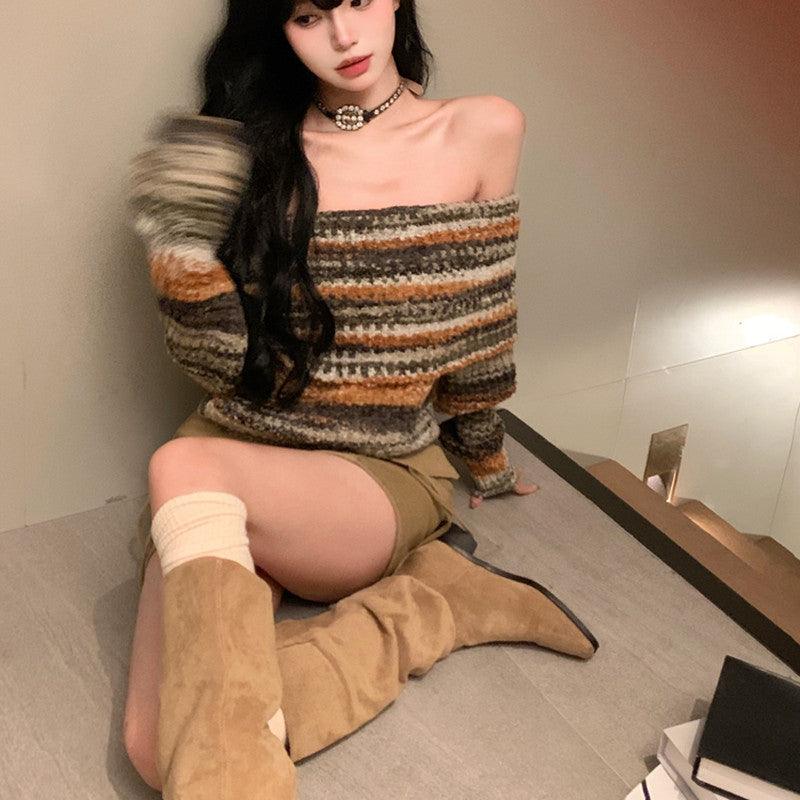 Women's Rainbow One Shoulder Colorful Striped Sweater - Trendha