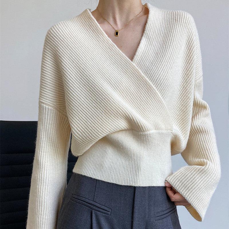 Women's Retro Cross V Neck Wrap Knit Sweater - Trendha