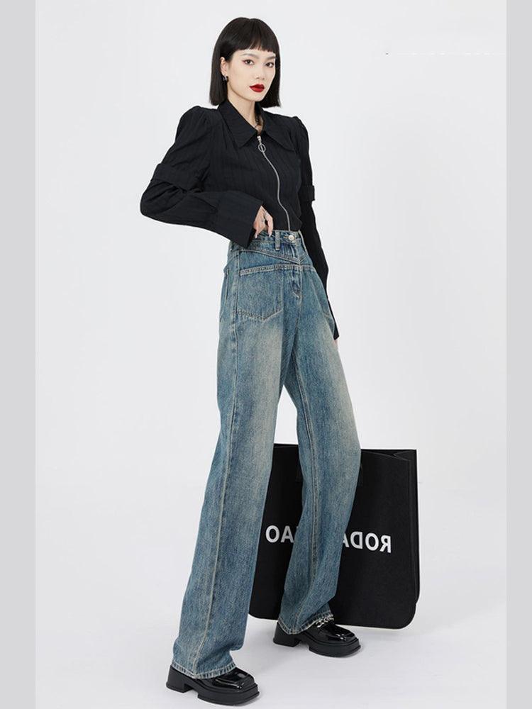Women's Retro Distressed Washed Wide Leg Jeans - Trendha