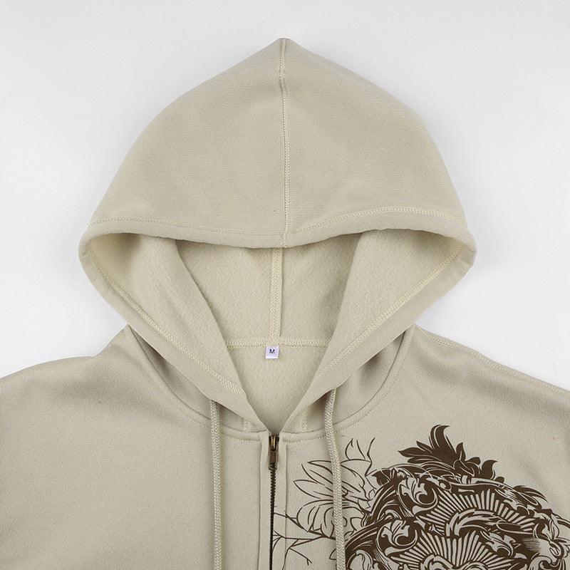 Women's Retro Print Loose Hooded Cardigan Sweater Coat - Trendha