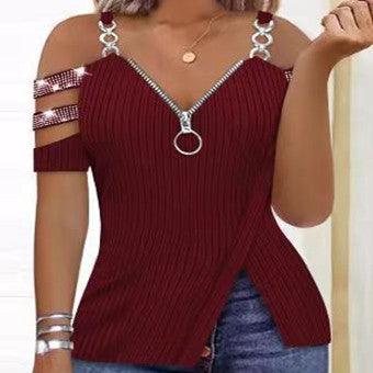 Women's Rhinestone Zipper Eyelet V-neck Raglan Sleeve Sling Irregular T-shirt - Trendha