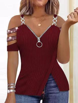 Women's Rhinestone Zipper Eyelet V-neck Raglan Sleeve Sling Irregular T-shirt - Trendha