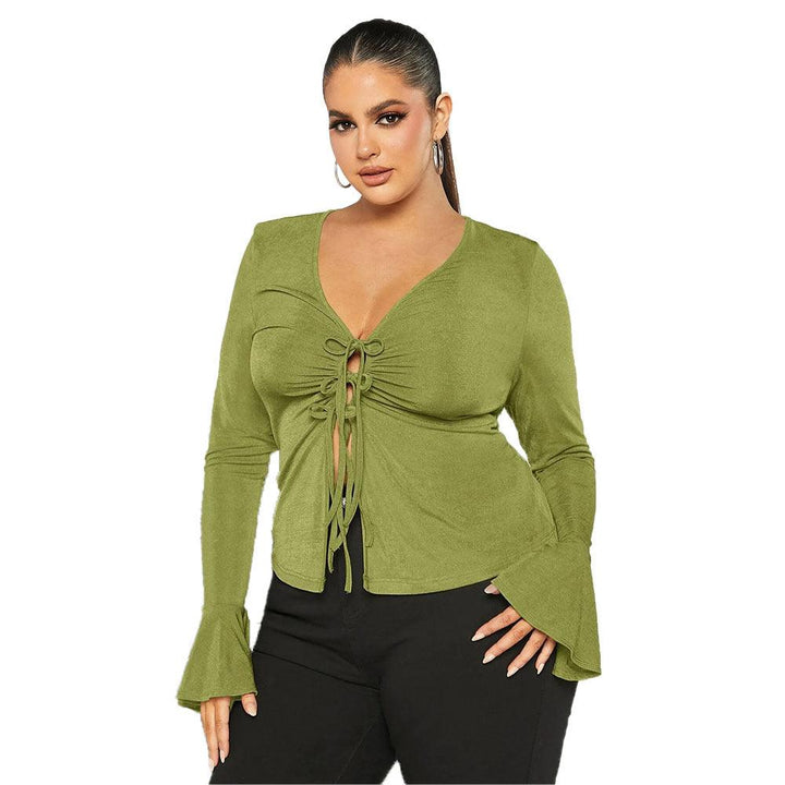 Women's Slim-fit Lace Up V-neck Knitted Long Sleeves Shirt - Trendha