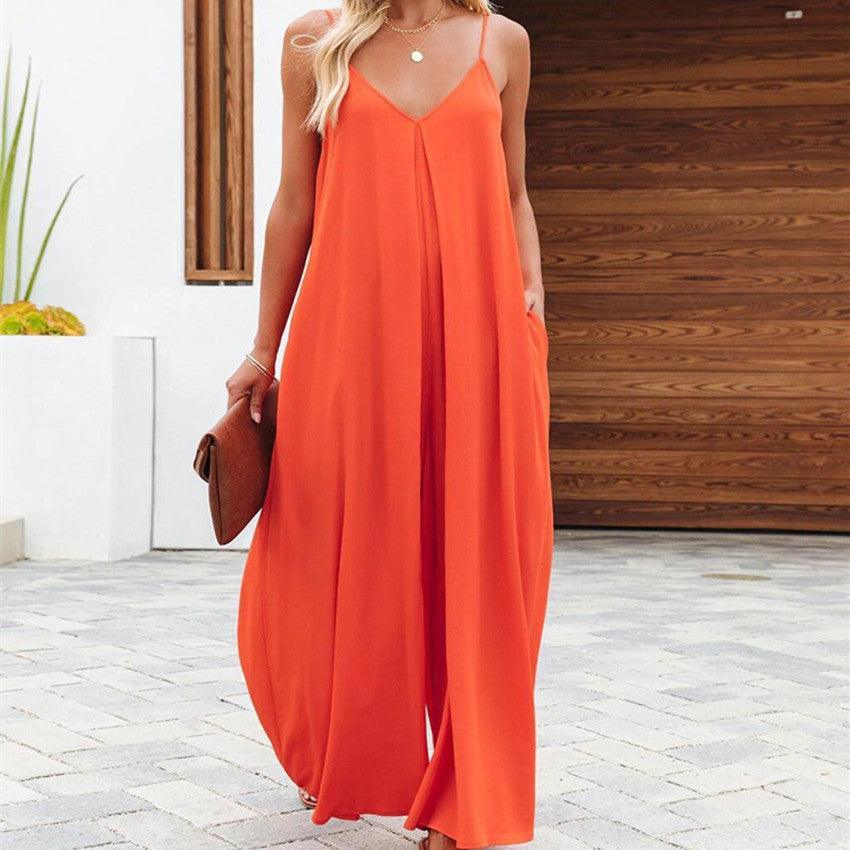 Women's Sling Wide-leg Pants Solid Color Pocket Casual Jumpsuit - Trendha