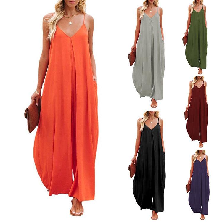 Women's Sling Wide-leg Pants Solid Color Pocket Casual Jumpsuit - Trendha