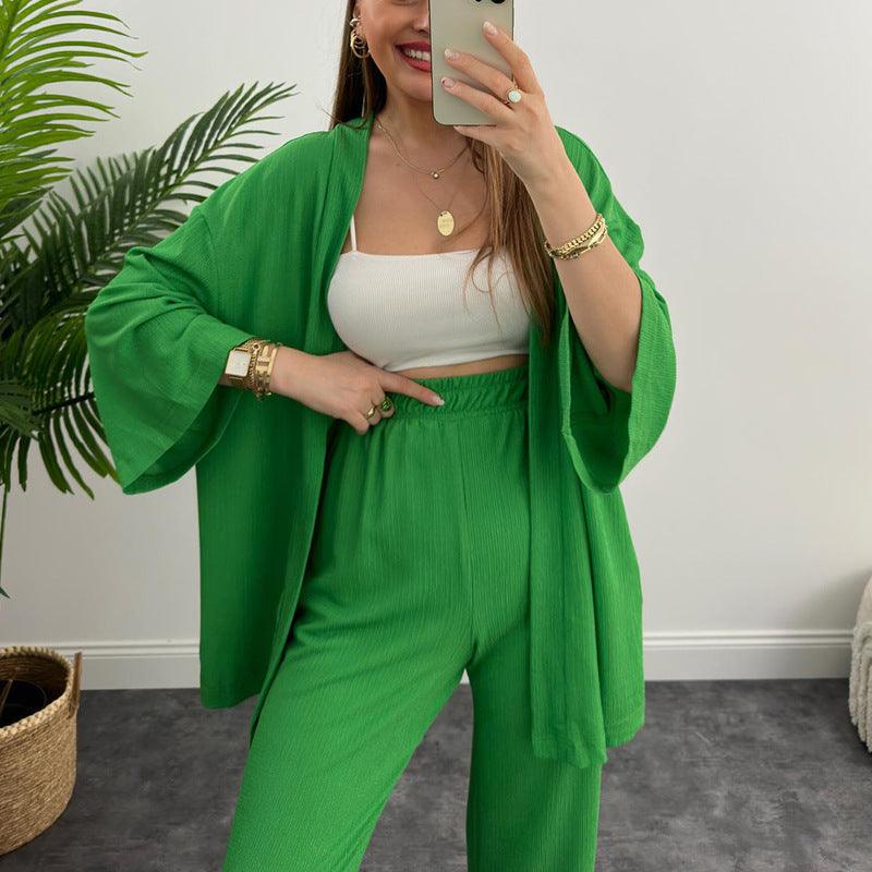 Women's Spring Long Sleeve Solid Color Pleated Elastic Waist Pants Two-piece Set - Trendha