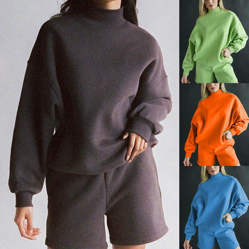 Women's Stand Collar Long Sleeve Fleece And Shorts Two-piece Suit - Trendha