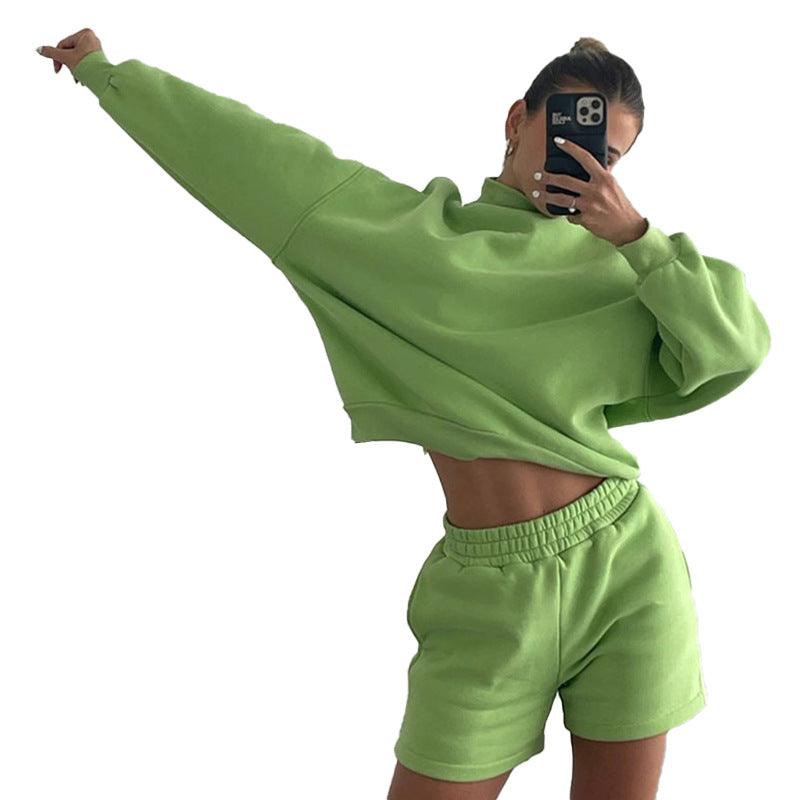 Women's Stand Collar Long Sleeve Fleece And Shorts Two-piece Suit - Trendha
