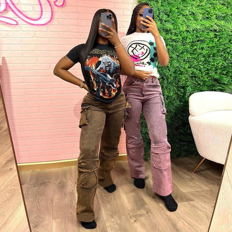 Women's Tie Dyed High Waist Zipper Straight Panel Multi Pocket Jeans - Trendha