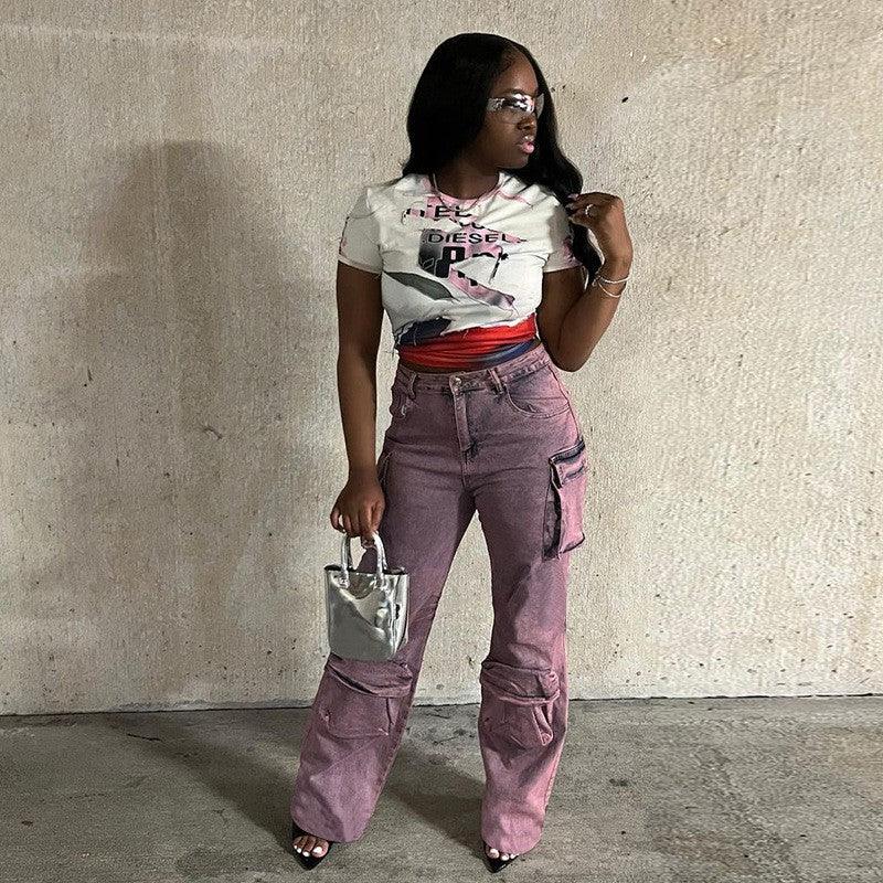 Women's Tie Dyed High Waist Zipper Straight Panel Multi Pocket Jeans - Trendha