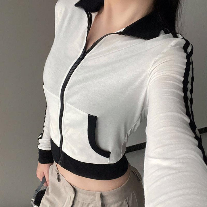 Women's Zipped Stand Collar Black And White Long-sleeved Top - Trendha
