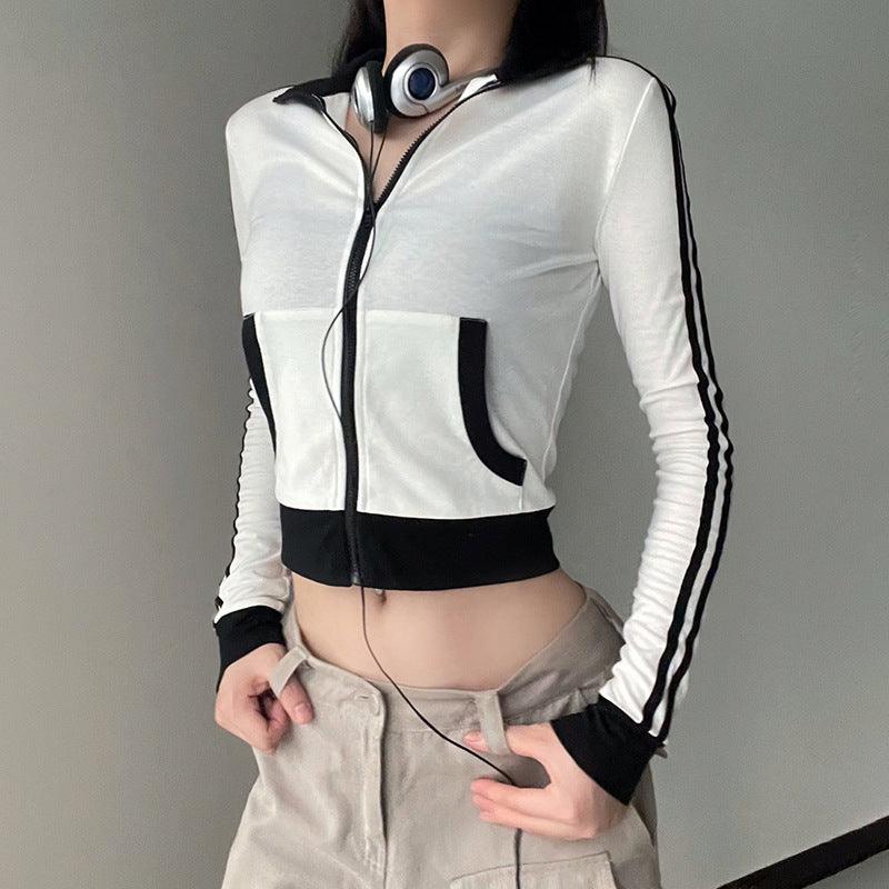 Women's Zipped Stand Collar Black And White Long-sleeved Top - Trendha