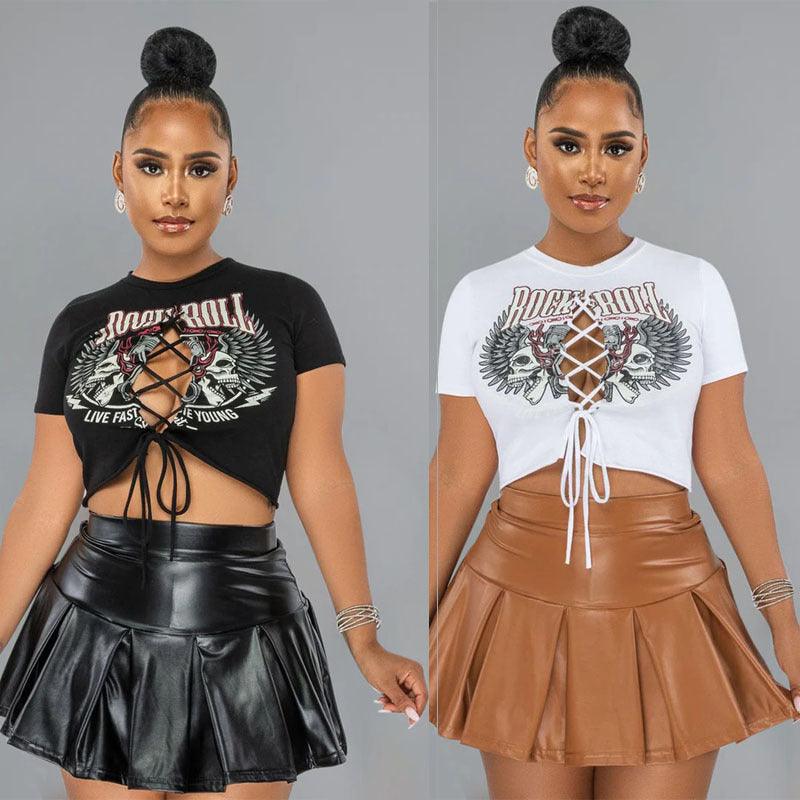 Women Short Sleeve Printed Small Leather Skirt Suit - Trendha