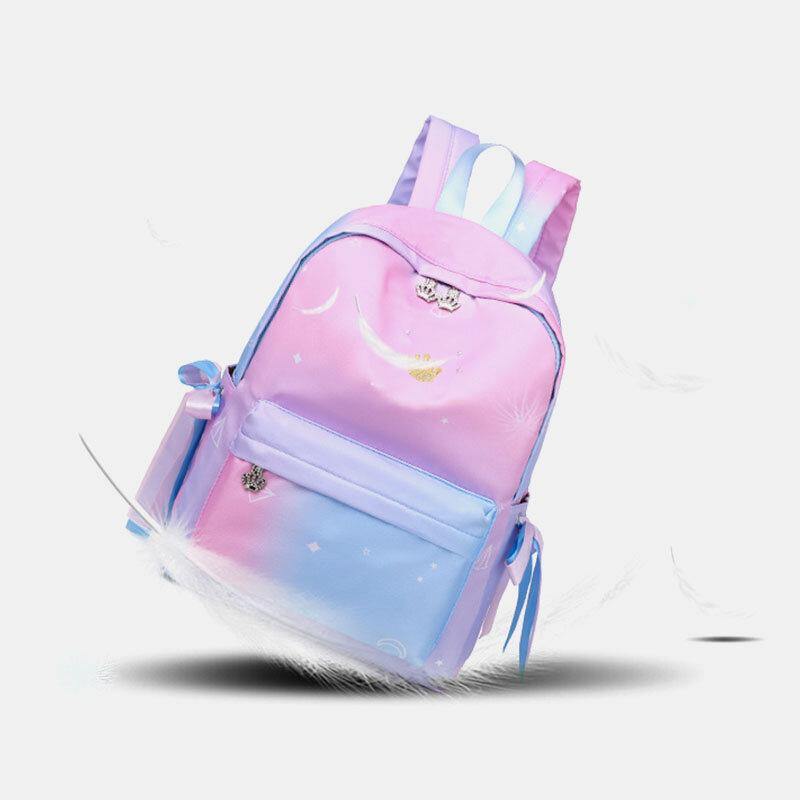 Women Oxford Color Gradient Earphone Hole BowKnot Casual Studeng Bag Backpack - Trendha