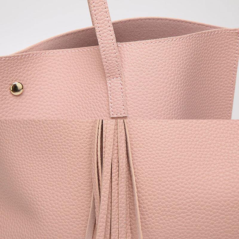 Women PU Leather Lychee Pattern Large Capacity Casual Tassel Solid Tote Shoulder Bag Handbag - Trendha