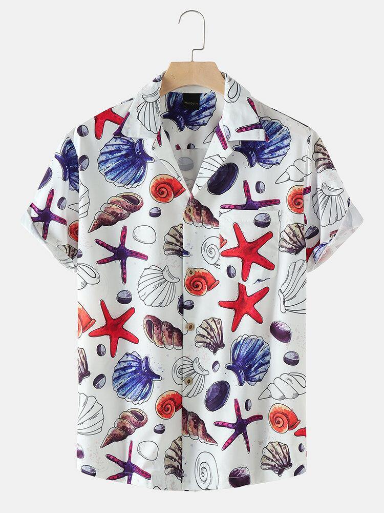 Mens Holiday Starfish Ocean Element Print Revere Collar Shirts - Trendha