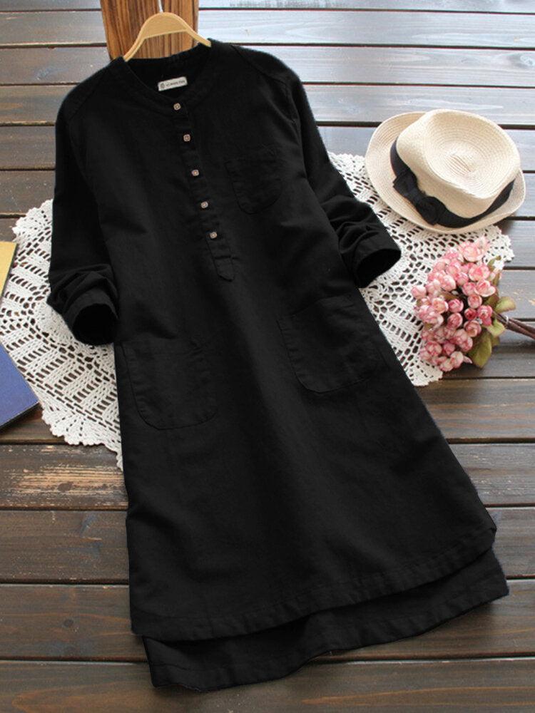 Women Vintage Long Sleeve Buttons Cotton Mini Shirt Dresses - Trendha