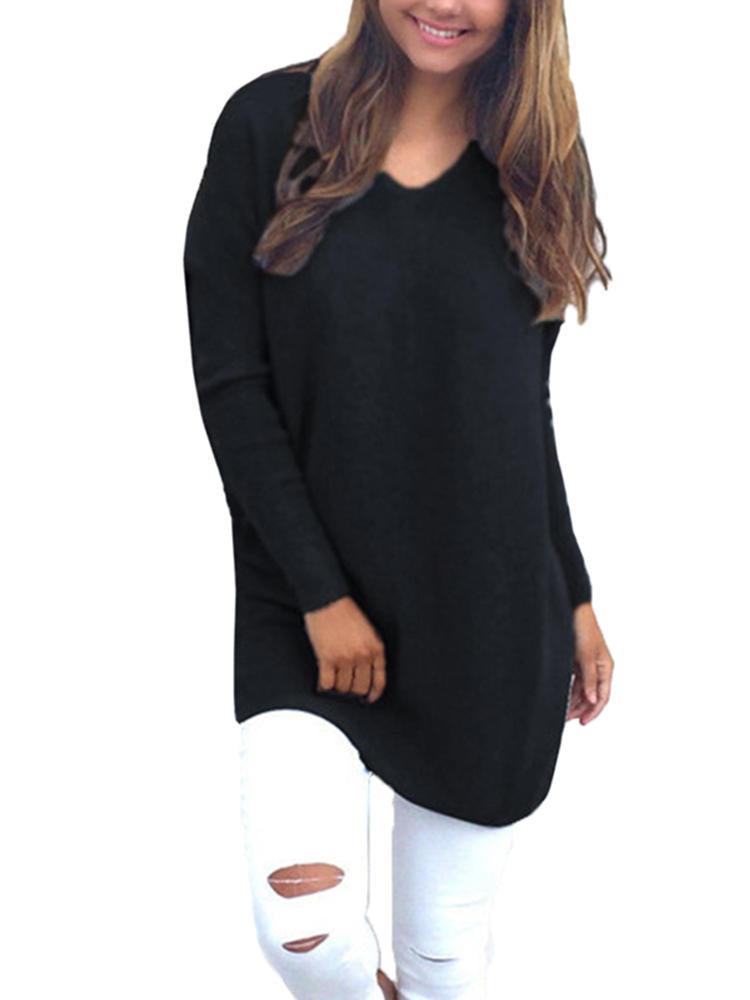 Casual Women Long Sleeve Slim V-Neck Knit Pullover Blouse - Trendha
