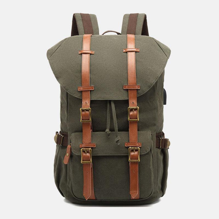 Men Genuine Leather And Canvas USB Charging Retro Travel Outdoor Large Capacity Backpack - Trendha